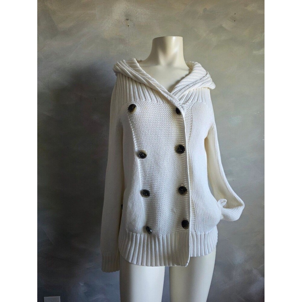 Gap Ivory White Cotton Double Breasted Knit Hooded Cardigan Womens Sz M